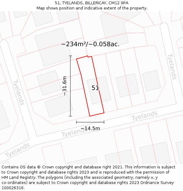 51, TYELANDS, BILLERICAY, CM12 9PA: Plot and title map