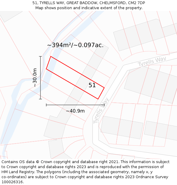 51, TYRELLS WAY, GREAT BADDOW, CHELMSFORD, CM2 7DP: Plot and title map
