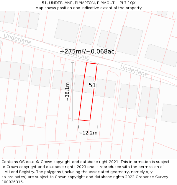 51, UNDERLANE, PLYMPTON, PLYMOUTH, PL7 1QX: Plot and title map