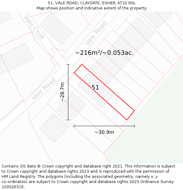 51, VALE ROAD, CLAYGATE, ESHER, KT10 0NL: Plot and title map