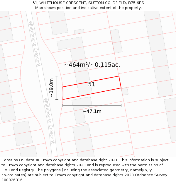 51, WHITEHOUSE CRESCENT, SUTTON COLDFIELD, B75 6ES: Plot and title map