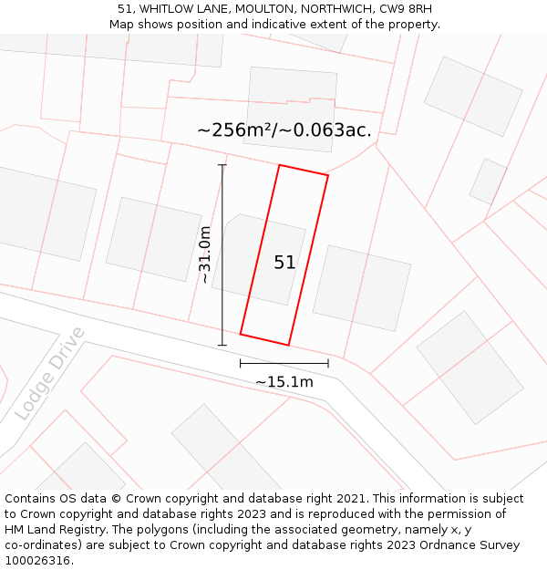 51, WHITLOW LANE, MOULTON, NORTHWICH, CW9 8RH: Plot and title map