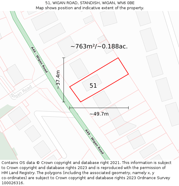 51, WIGAN ROAD, STANDISH, WIGAN, WN6 0BE: Plot and title map