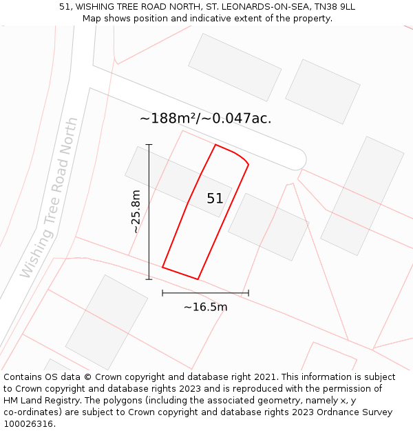 51, WISHING TREE ROAD NORTH, ST. LEONARDS-ON-SEA, TN38 9LL: Plot and title map