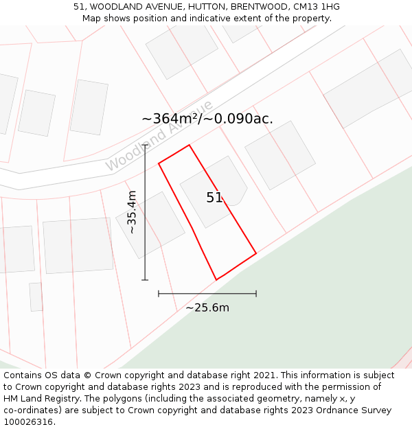 51, WOODLAND AVENUE, HUTTON, BRENTWOOD, CM13 1HG: Plot and title map