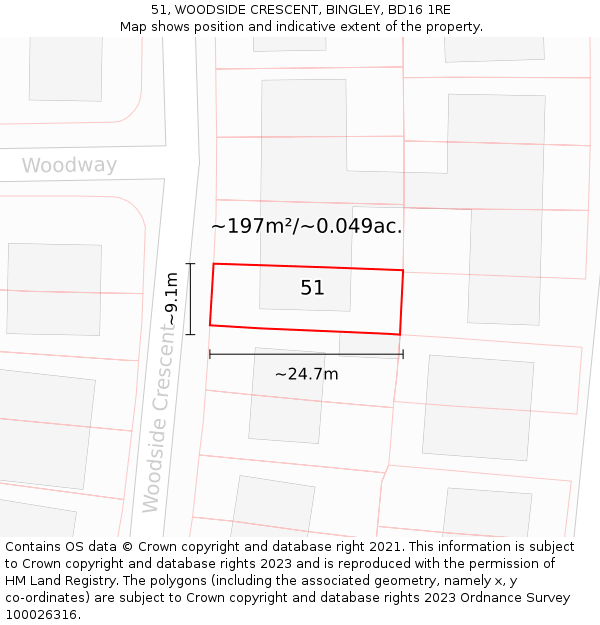 51, WOODSIDE CRESCENT, BINGLEY, BD16 1RE: Plot and title map