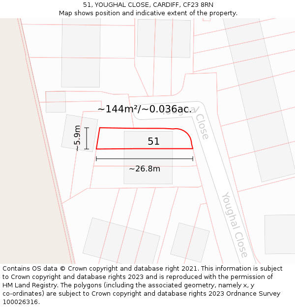 51, YOUGHAL CLOSE, CARDIFF, CF23 8RN: Plot and title map