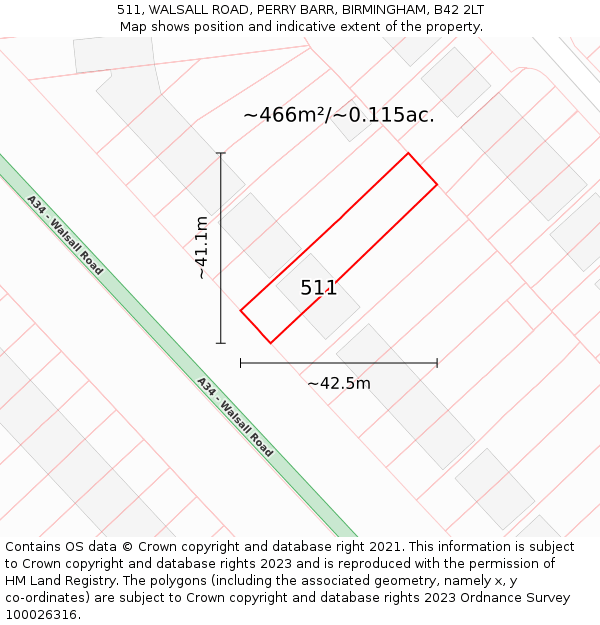 511, WALSALL ROAD, PERRY BARR, BIRMINGHAM, B42 2LT: Plot and title map