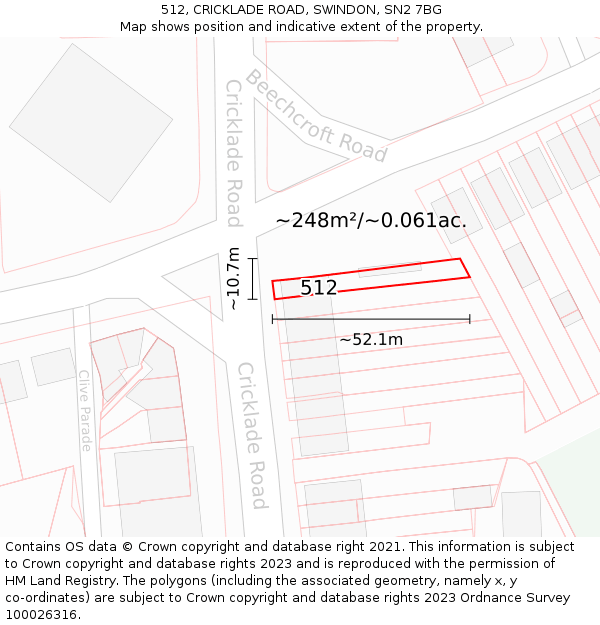 512, CRICKLADE ROAD, SWINDON, SN2 7BG: Plot and title map