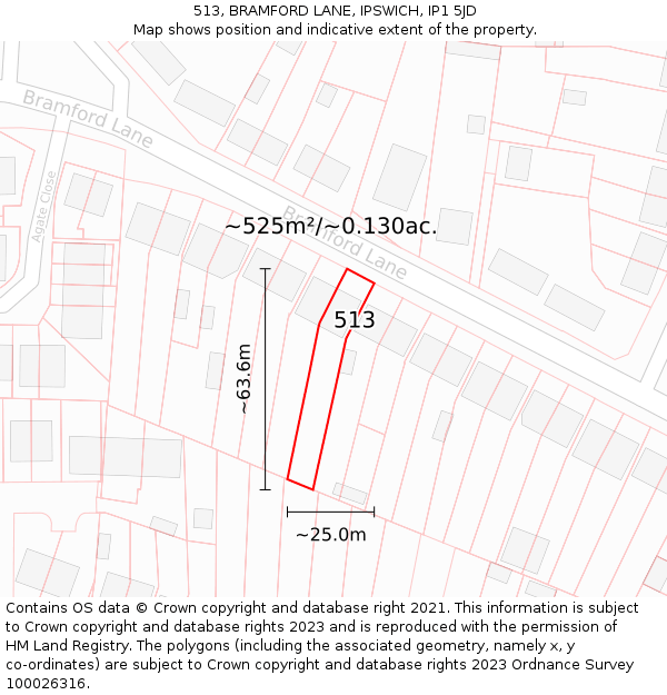 513, BRAMFORD LANE, IPSWICH, IP1 5JD: Plot and title map