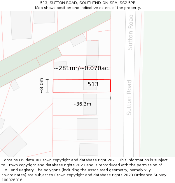 513, SUTTON ROAD, SOUTHEND-ON-SEA, SS2 5PR: Plot and title map