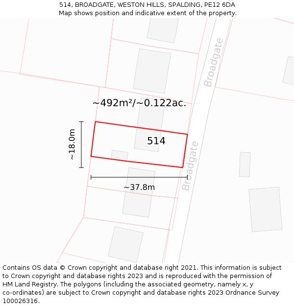 514, BROADGATE, WESTON HILLS, SPALDING, PE12 6DA: Plot and title map