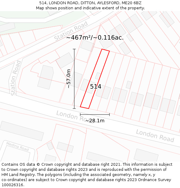 514, LONDON ROAD, DITTON, AYLESFORD, ME20 6BZ: Plot and title map