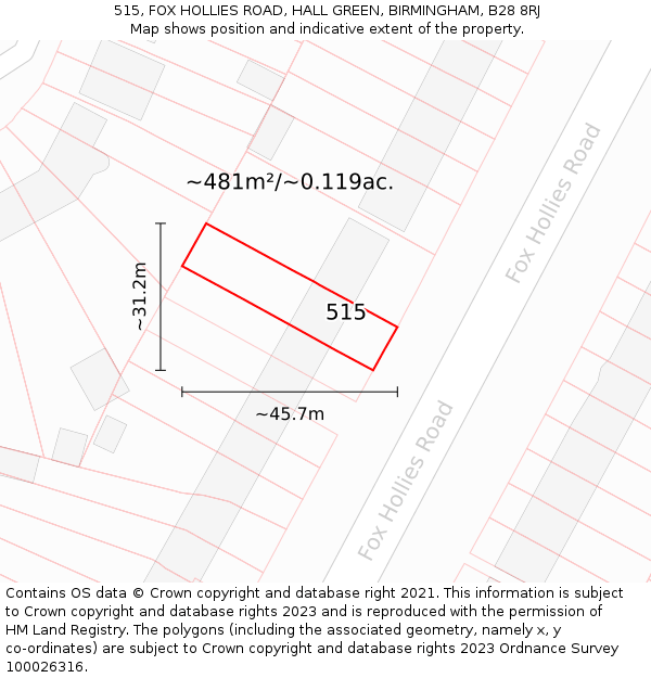 515, FOX HOLLIES ROAD, HALL GREEN, BIRMINGHAM, B28 8RJ: Plot and title map