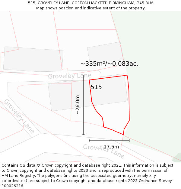 515, GROVELEY LANE, COFTON HACKETT, BIRMINGHAM, B45 8UA: Plot and title map