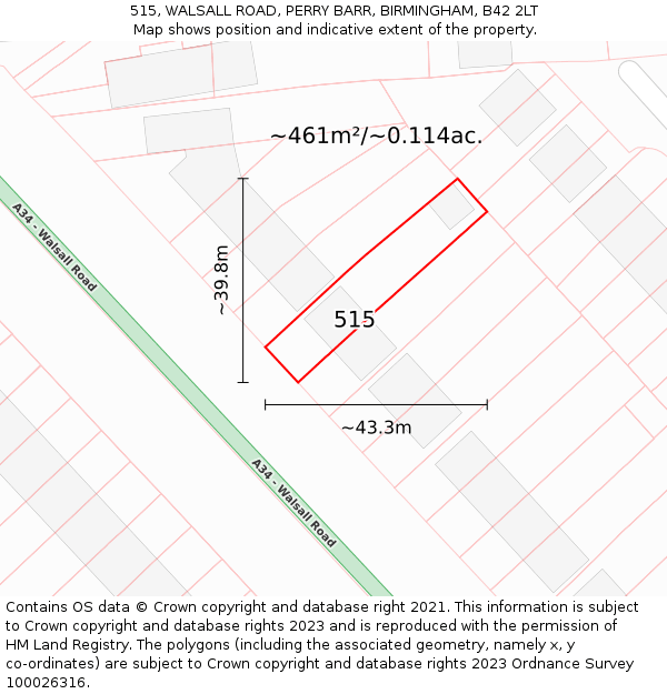 515, WALSALL ROAD, PERRY BARR, BIRMINGHAM, B42 2LT: Plot and title map