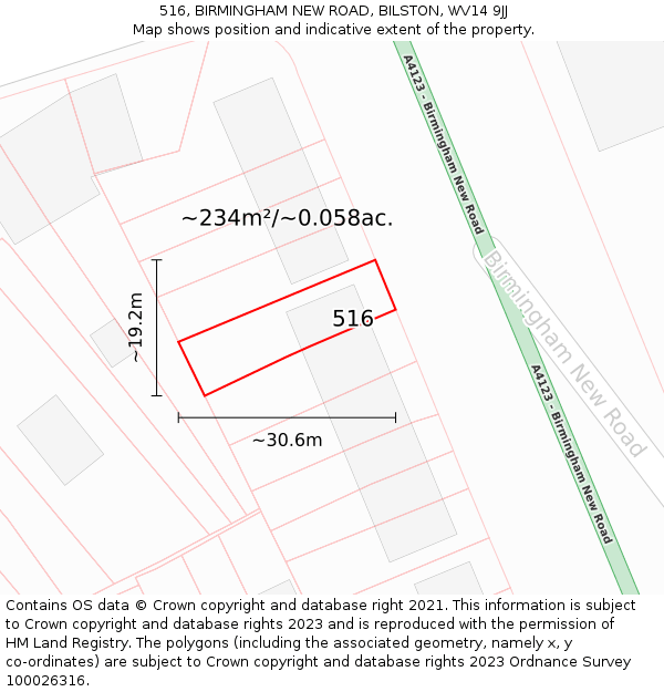 516, BIRMINGHAM NEW ROAD, BILSTON, WV14 9JJ: Plot and title map