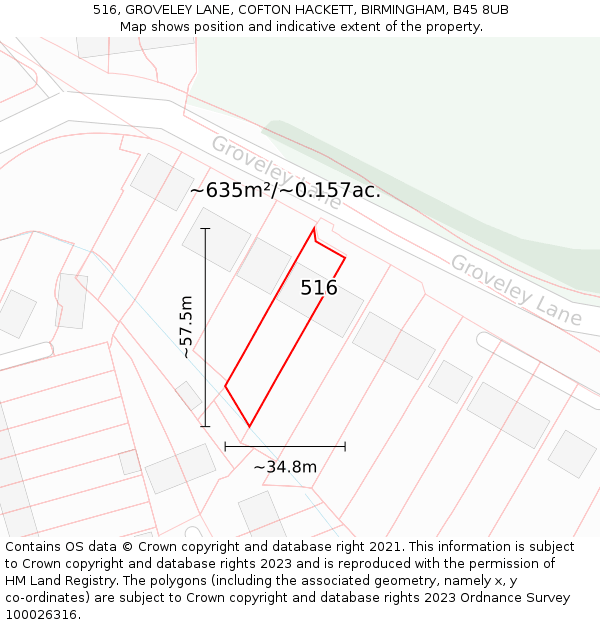 516, GROVELEY LANE, COFTON HACKETT, BIRMINGHAM, B45 8UB: Plot and title map