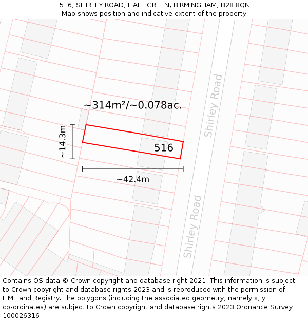 516, SHIRLEY ROAD, HALL GREEN, BIRMINGHAM, B28 8QN: Plot and title map