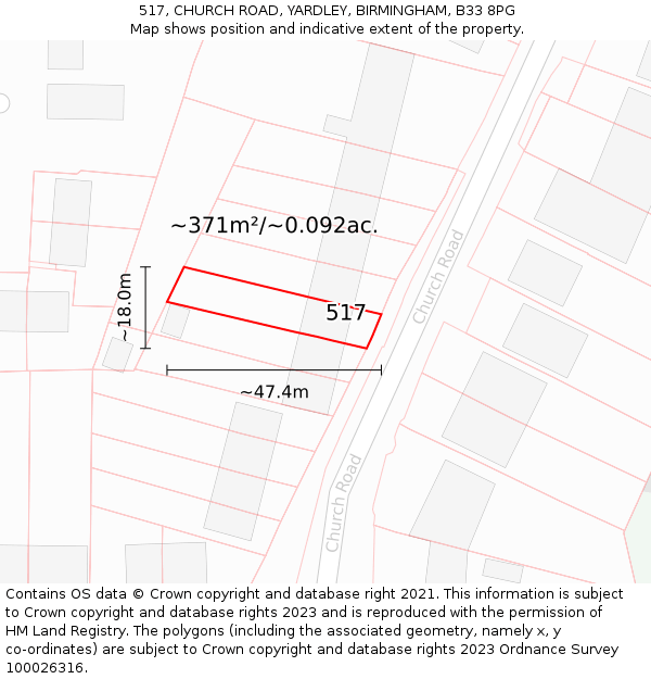 517, CHURCH ROAD, YARDLEY, BIRMINGHAM, B33 8PG: Plot and title map