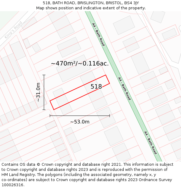 518, BATH ROAD, BRISLINGTON, BRISTOL, BS4 3JY: Plot and title map