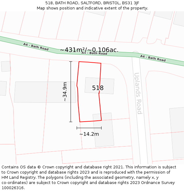 518, BATH ROAD, SALTFORD, BRISTOL, BS31 3JF: Plot and title map