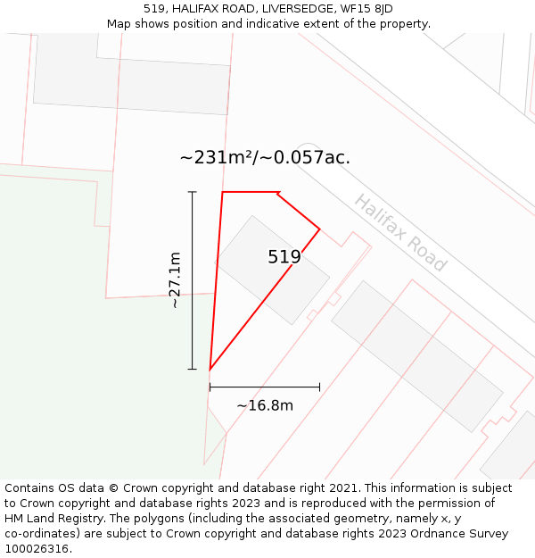 519, HALIFAX ROAD, LIVERSEDGE, WF15 8JD: Plot and title map