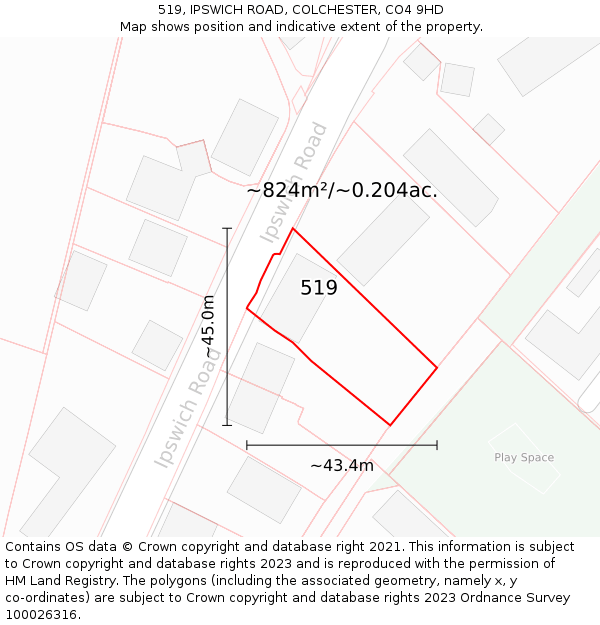 519, IPSWICH ROAD, COLCHESTER, CO4 9HD: Plot and title map