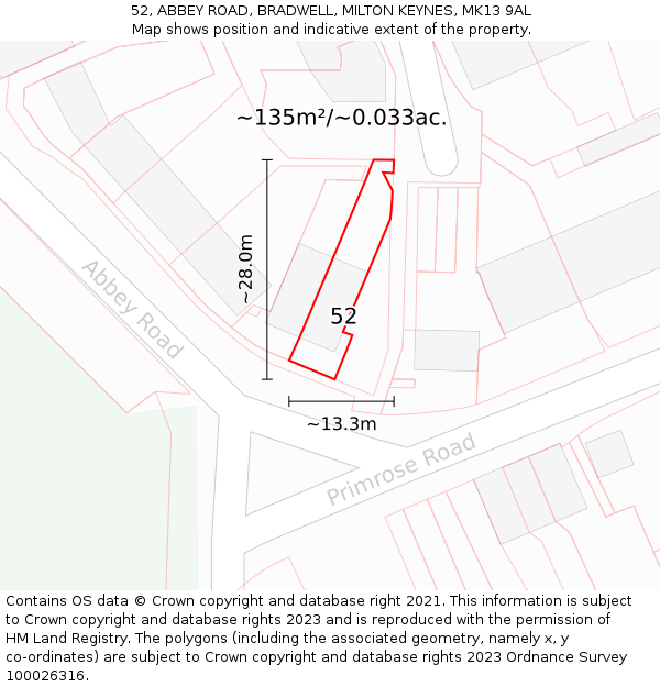 52, ABBEY ROAD, BRADWELL, MILTON KEYNES, MK13 9AL: Plot and title map