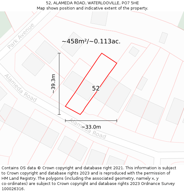 52, ALAMEDA ROAD, WATERLOOVILLE, PO7 5HE: Plot and title map