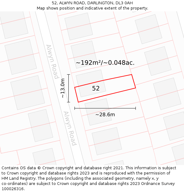 52, ALWYN ROAD, DARLINGTON, DL3 0AH: Plot and title map