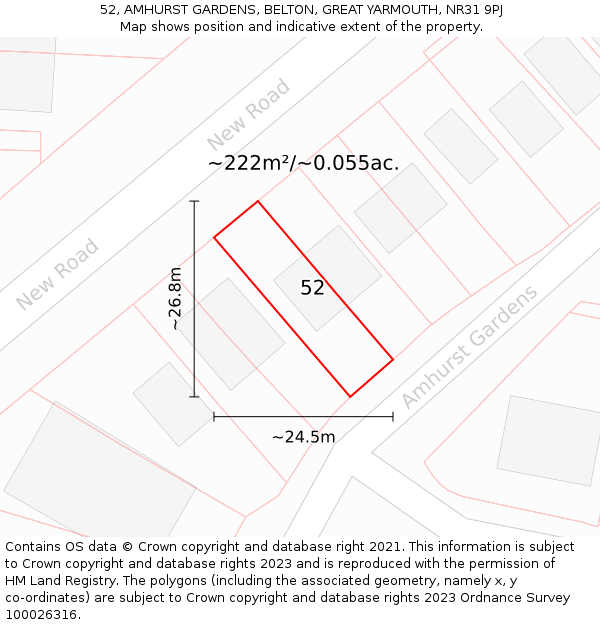 52, AMHURST GARDENS, BELTON, GREAT YARMOUTH, NR31 9PJ: Plot and title map