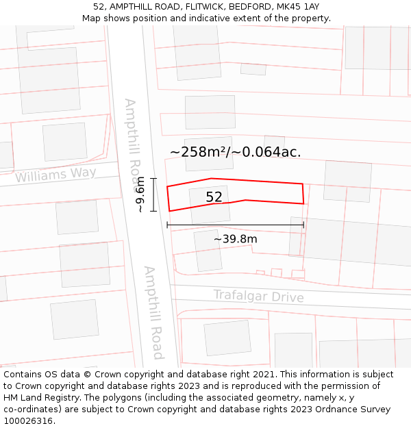 52, AMPTHILL ROAD, FLITWICK, BEDFORD, MK45 1AY: Plot and title map