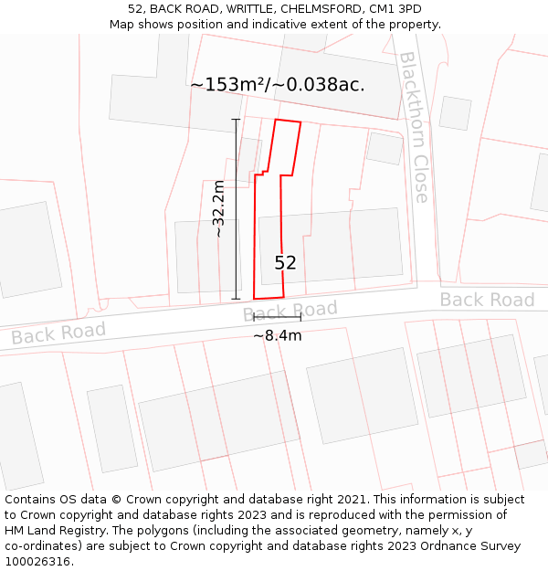 52, BACK ROAD, WRITTLE, CHELMSFORD, CM1 3PD: Plot and title map