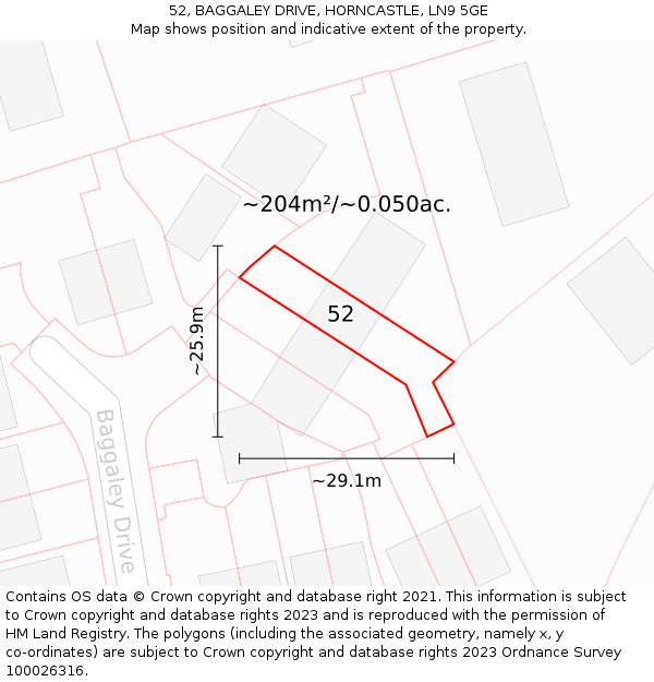 52, BAGGALEY DRIVE, HORNCASTLE, LN9 5GE: Plot and title map