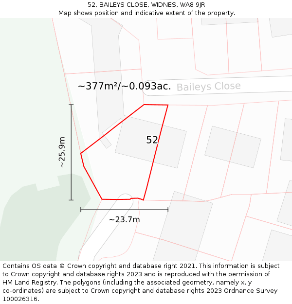 52, BAILEYS CLOSE, WIDNES, WA8 9JR: Plot and title map