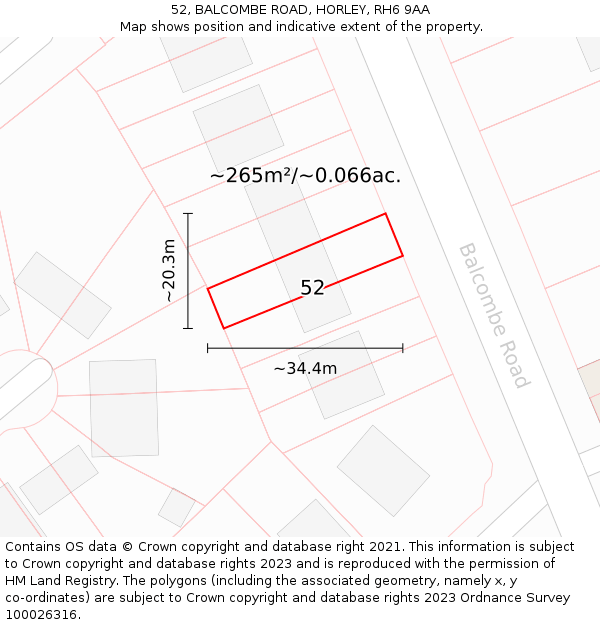 52, BALCOMBE ROAD, HORLEY, RH6 9AA: Plot and title map