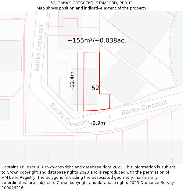 52, BANKS CRESCENT, STAMFORD, PE9 1FJ: Plot and title map