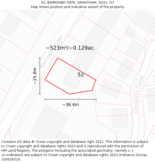 52, BARROWBY GATE, GRANTHAM, NG31 7LT: Plot and title map