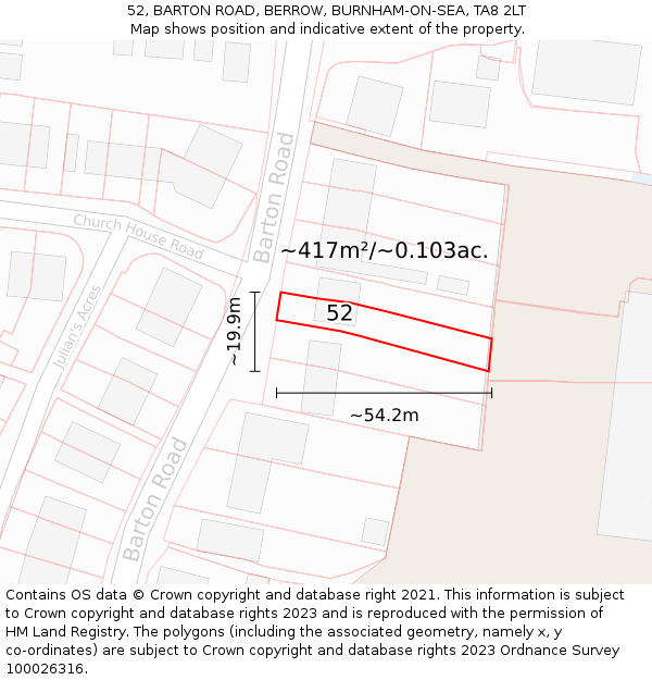 52, BARTON ROAD, BERROW, BURNHAM-ON-SEA, TA8 2LT: Plot and title map