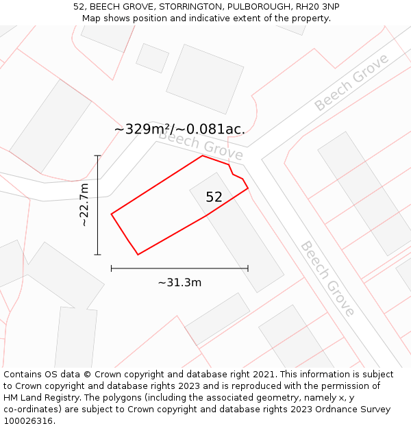 52, BEECH GROVE, STORRINGTON, PULBOROUGH, RH20 3NP: Plot and title map