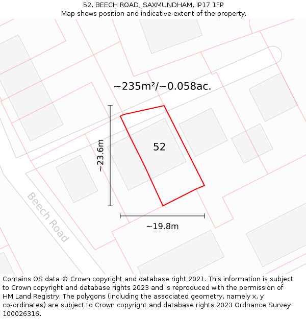 52, BEECH ROAD, SAXMUNDHAM, IP17 1FP: Plot and title map