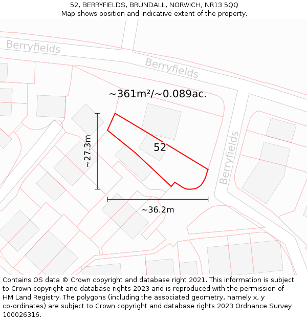 52, BERRYFIELDS, BRUNDALL, NORWICH, NR13 5QQ: Plot and title map