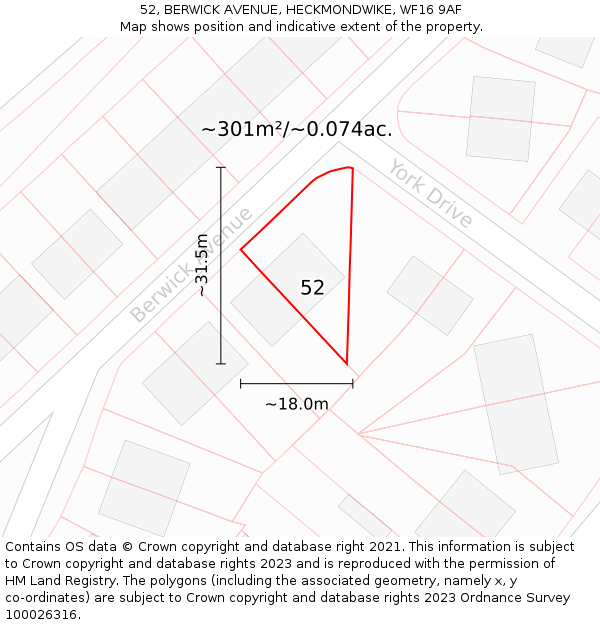 52, BERWICK AVENUE, HECKMONDWIKE, WF16 9AF: Plot and title map