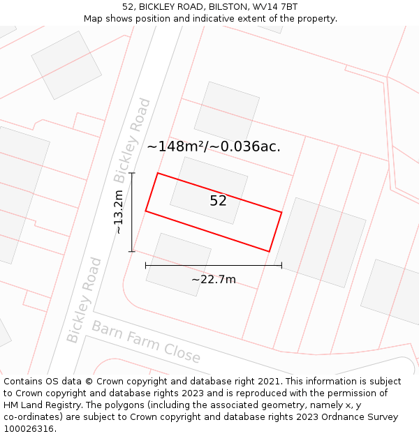 52, BICKLEY ROAD, BILSTON, WV14 7BT: Plot and title map