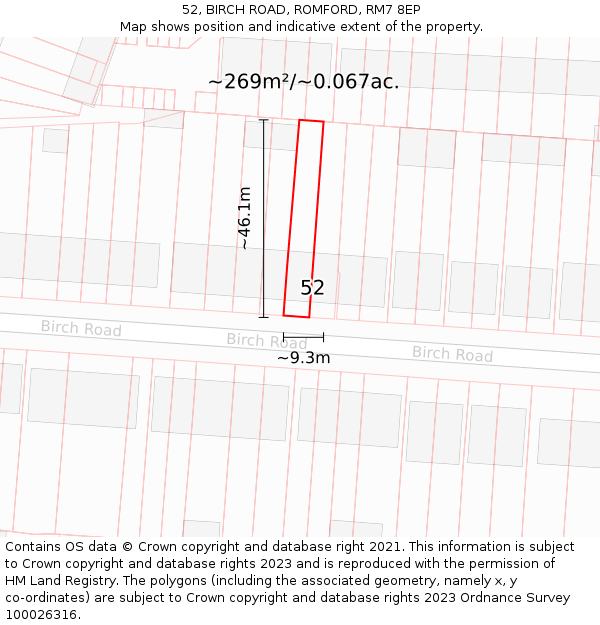 52, BIRCH ROAD, ROMFORD, RM7 8EP: Plot and title map