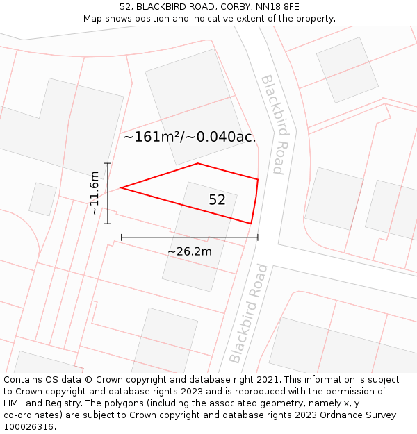 52, BLACKBIRD ROAD, CORBY, NN18 8FE: Plot and title map