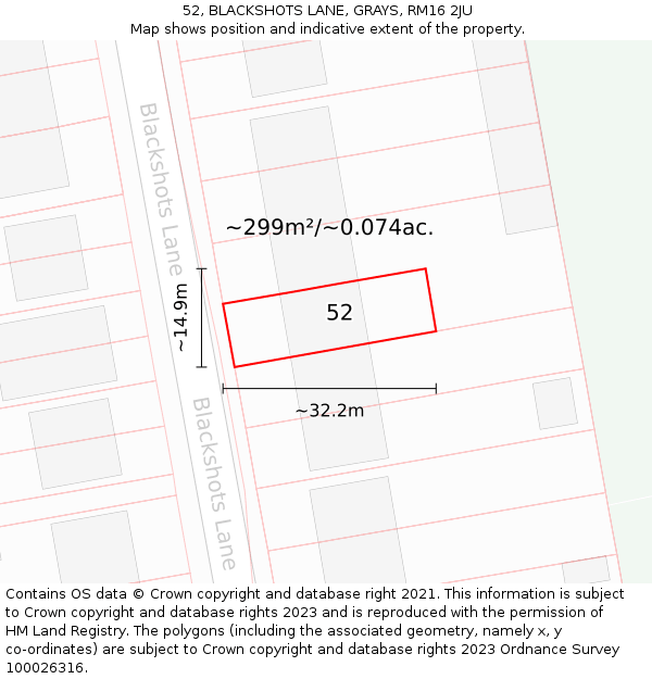 52, BLACKSHOTS LANE, GRAYS, RM16 2JU: Plot and title map