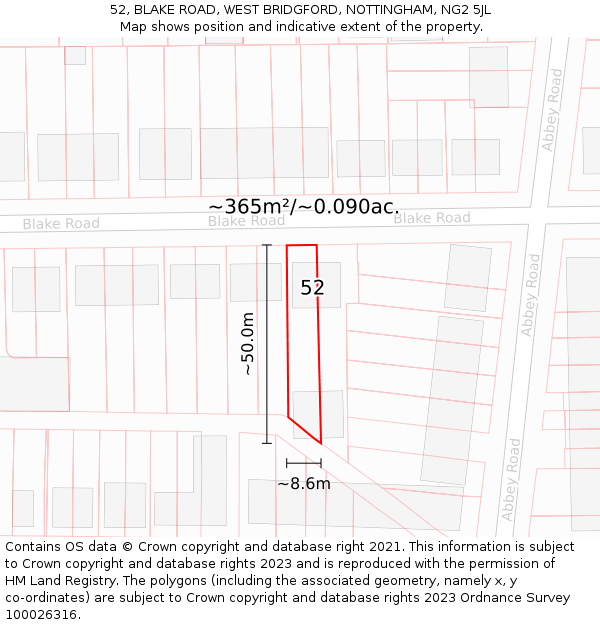 52, BLAKE ROAD, WEST BRIDGFORD, NOTTINGHAM, NG2 5JL: Plot and title map