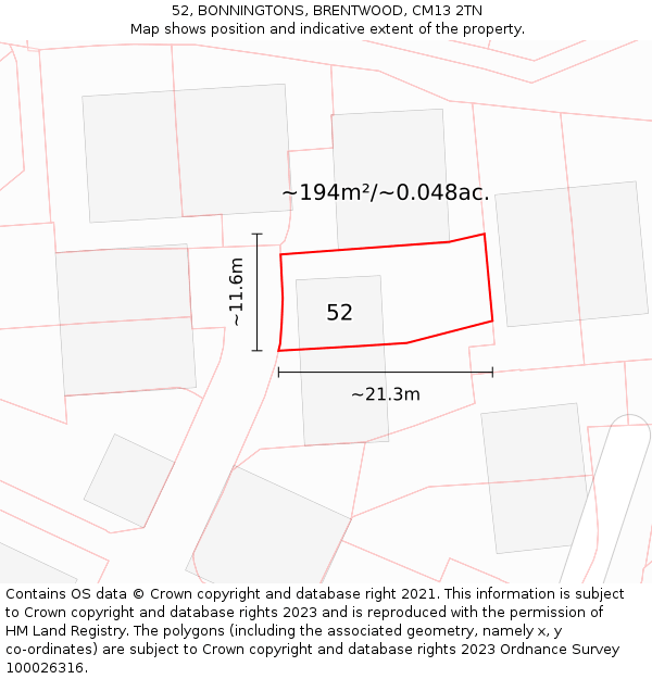 52, BONNINGTONS, BRENTWOOD, CM13 2TN: Plot and title map